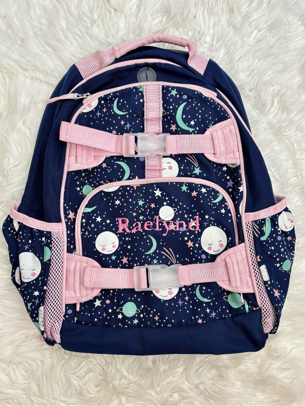 Pottery Barn Kids XL Dark Blue Pink Girls Backpack Moon Stars Glow in the Dark